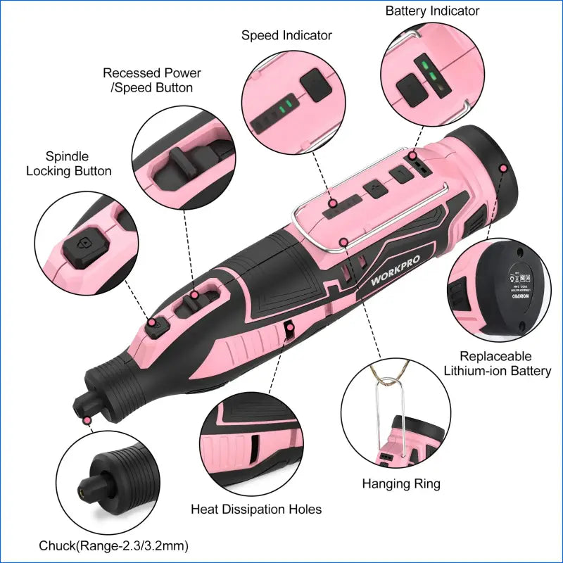 12V Cordless Rotary Tool Kit in Pink, Featuring 5 Variable Speeds, Versatile Engraver, Sander, Polisher, and 114 Easy-Change Accessories - EgoGadgets