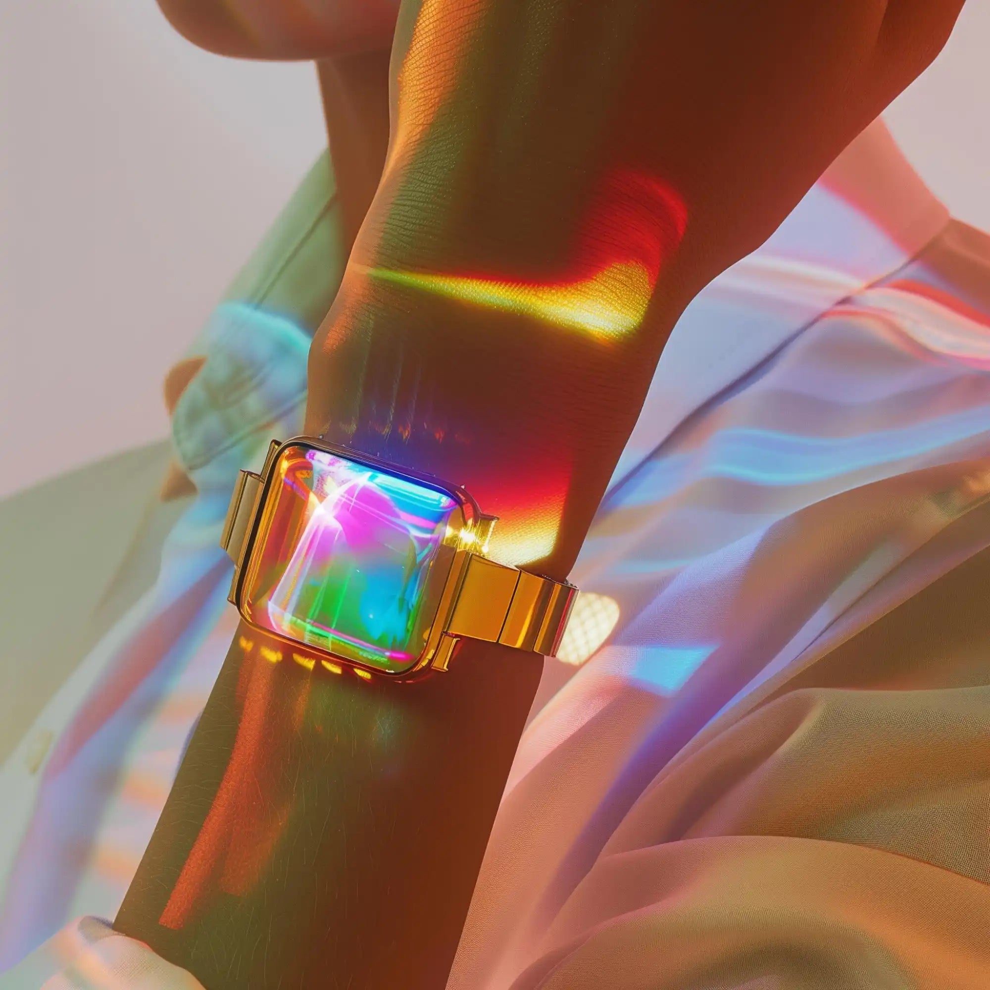 Gold smart watch with rainbow reflections.