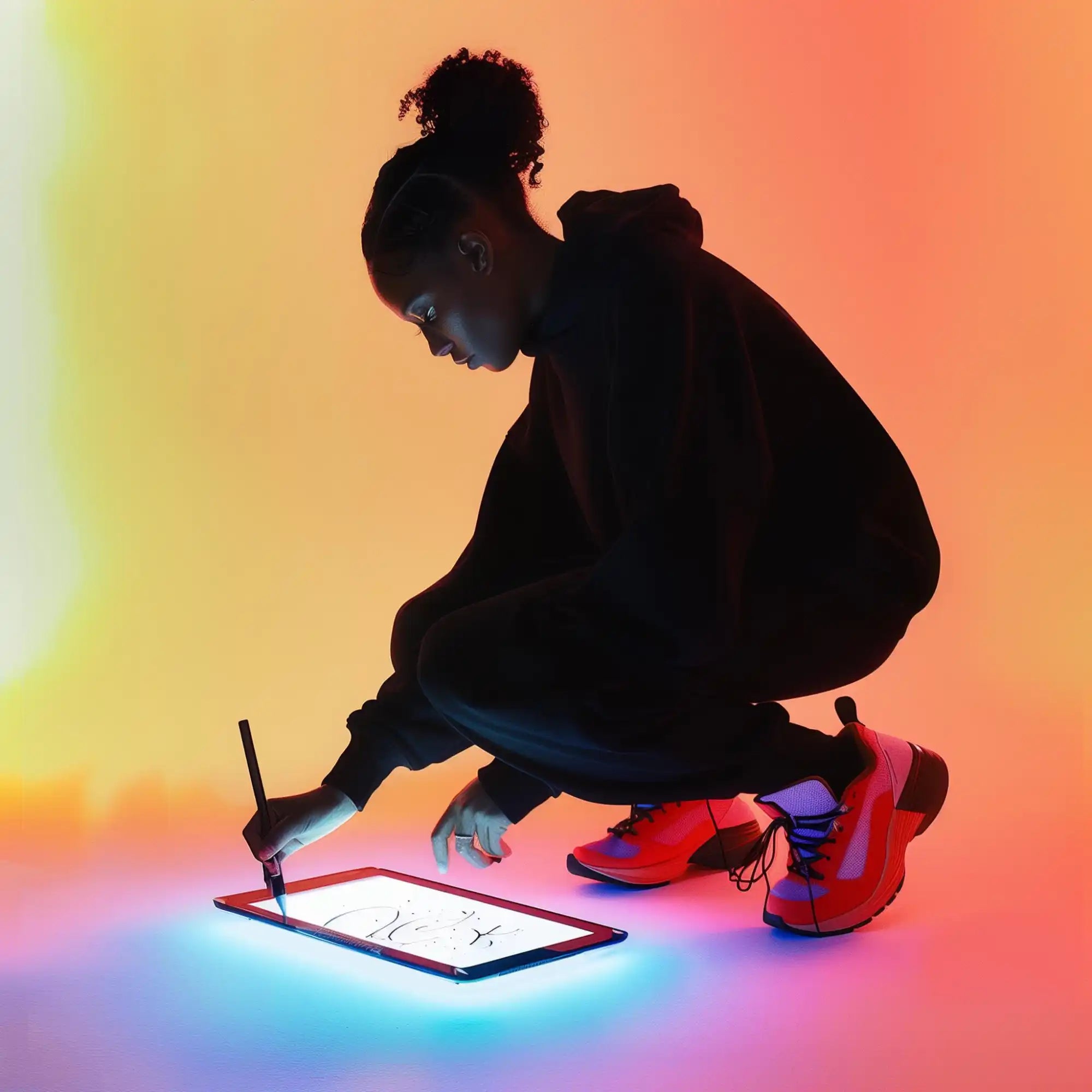 Person drawing on illuminated tablet.