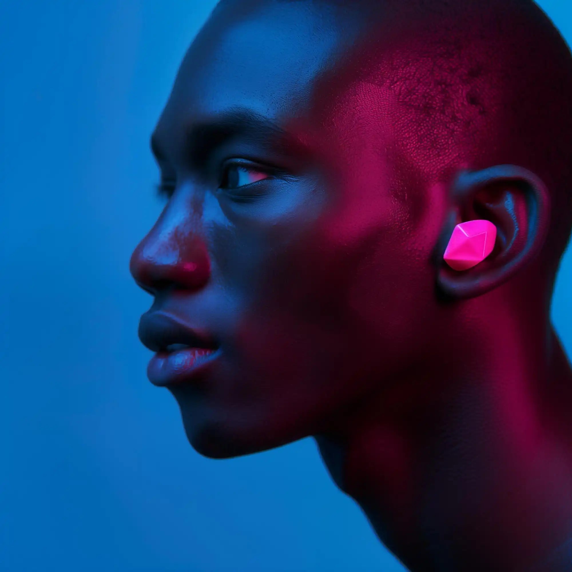 Pink geometric earbud.