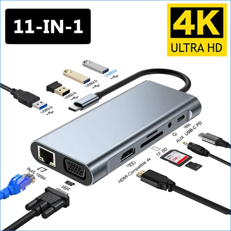 11-in-1 Type-C Docking Station with USB 3.0 Hub, 4K HDMI, VGA, PD, and RJ45 Network Adapter for Laptops and MacBooks - EgoGadgets