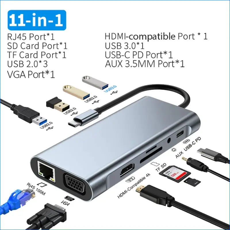 11-in-1 Type-C Docking Station with USB 3.0 Hub, 4K HDMI, VGA, PD, and RJ45 Network Adapter for Laptops and MacBooks - EgoGadgets